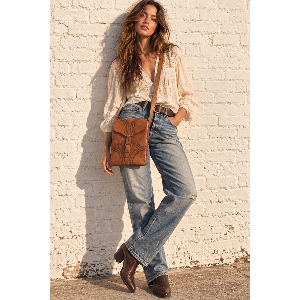 Vintage Tan Leather Hand Tooled Crossbody Saddle Bag Southwestern Boho